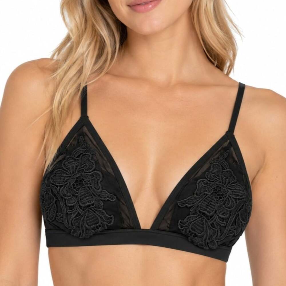Black Lace Embroidered Mesh Triangle Bralette Plunge Top